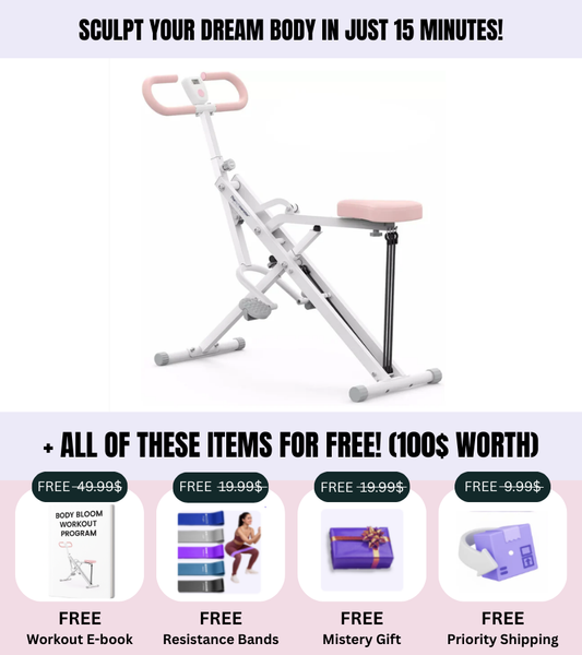 Body Bloom compact home workout machine in pink and white featuring adjustable seat and handlebars. Promotional image shows 4 free bonus gifts: workout ebook ($49.99 value), resistance bands ($19.99), mystery gift ($19.99), and priority shipping ($9.99)