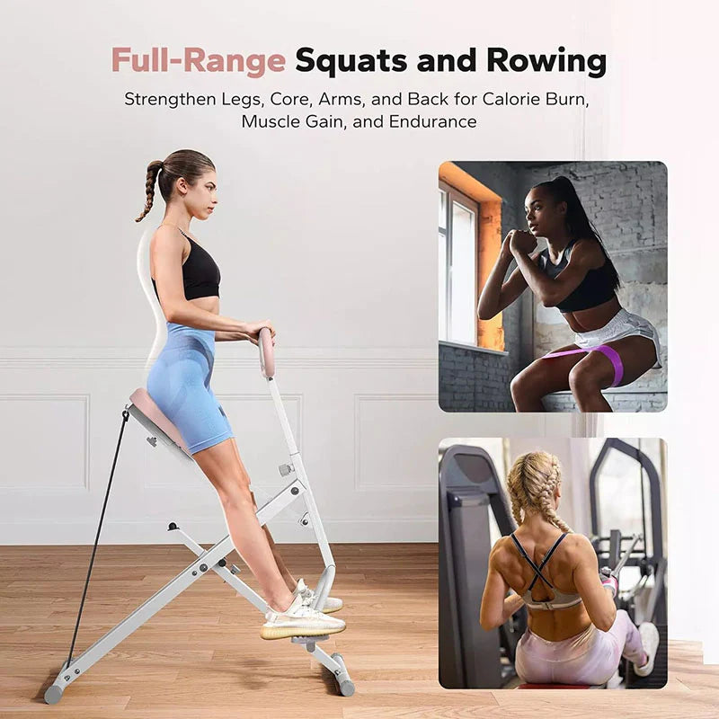Women demonstrating full body workout on Body Bloom exercise machine - squats, rowing and resistance training for legs, core, arms and back