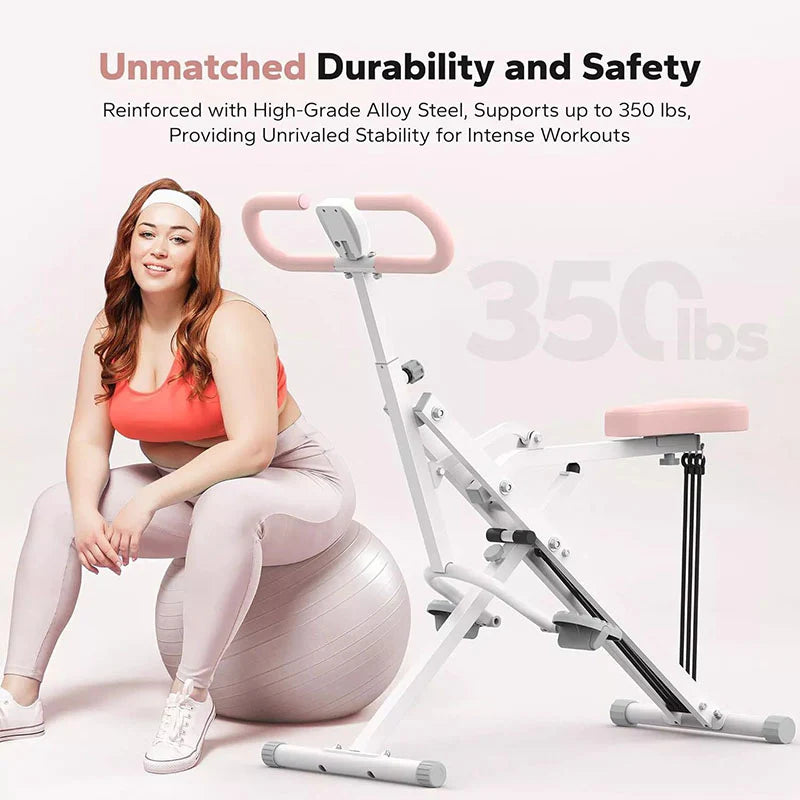 Body Bloom durable steel workout machine supporting 350 lbs - woman with exercise ball showing stability and safety for home fitness