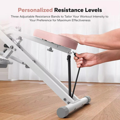 Adjustable resistance bands on Body Bloom workout machine - hand adjusting three intensity levels for personalized training
