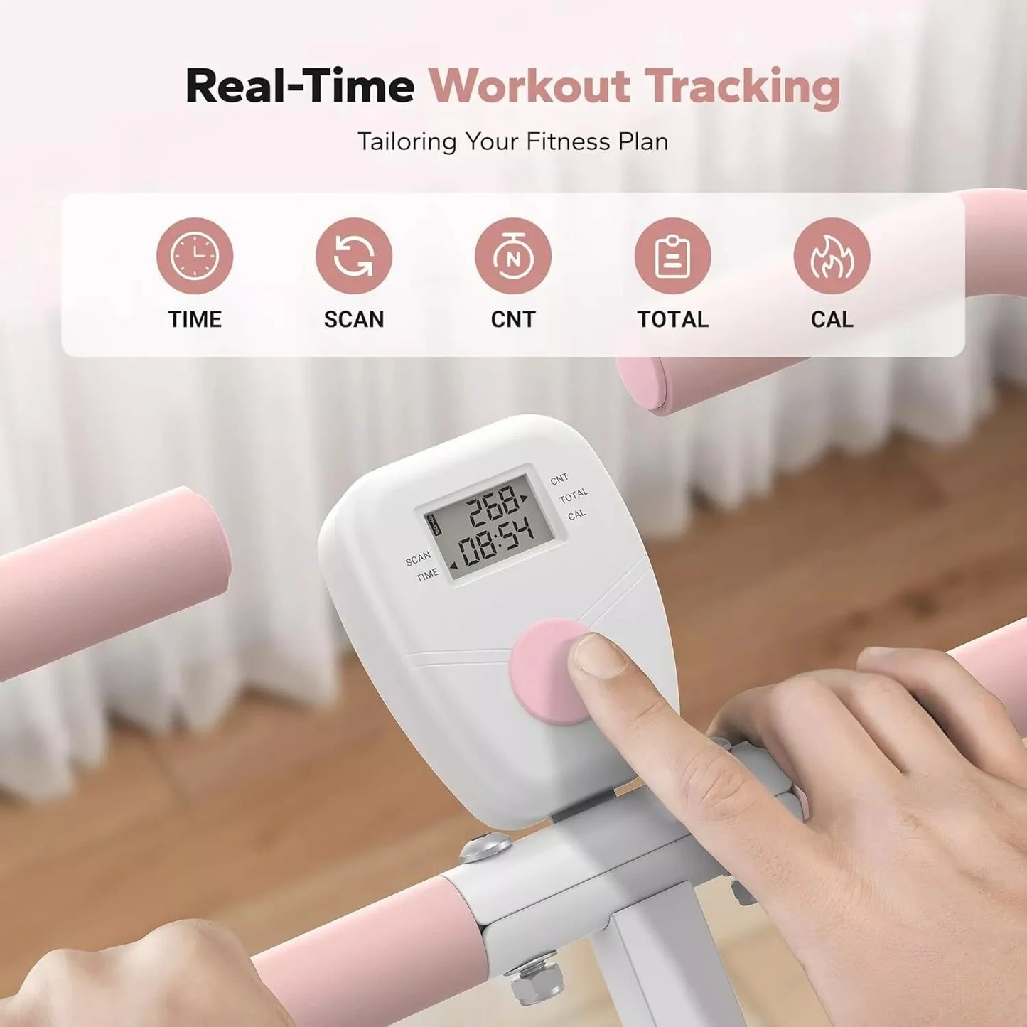 Digital display on Body Bloom exercise bike showing time, calories, reps and workout stats for real-time fitness tracking