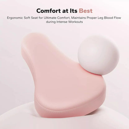 Ergonomic pink cushioned seat on Body Bloom exercise machine designed for comfort and proper circulation during workouts
